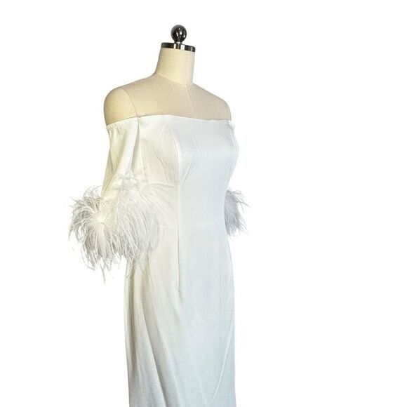 Mac Duggal 11441 Long Off Shoulder Formal Gown Feathered Sleeve WHITE SZ 8 NWT - Picture 4 of 9